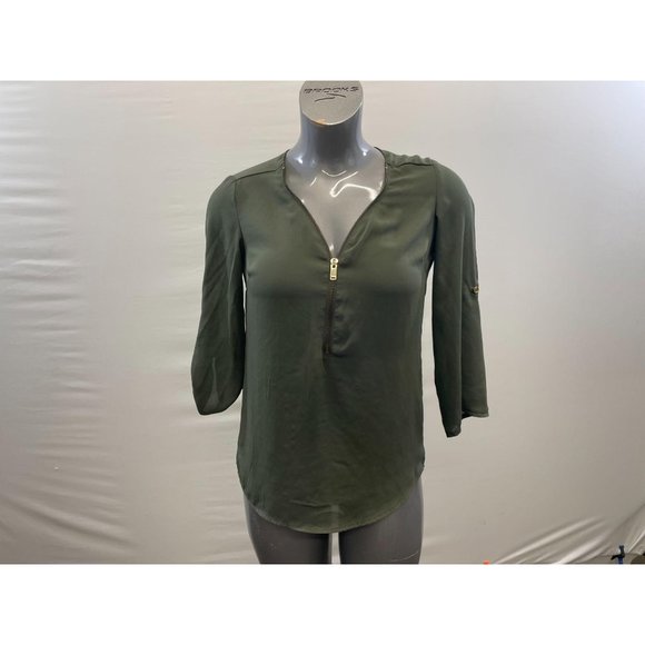 Ardene Women's Sheer 1/2 Zip Up Blouse Green - Picture 1 of 3